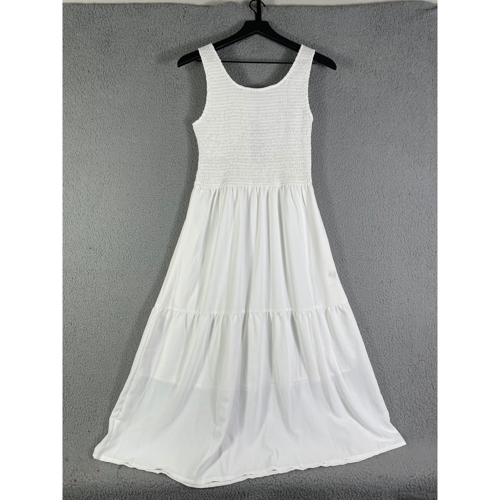 White Smocked Tiered Maxi Dress Sleeveless Beach Vacation Sundress Maggeer M New - Picture 9 of 16